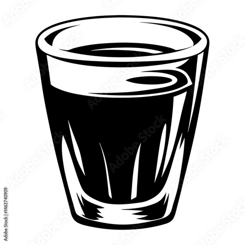 Monochrome illustration of a stylized shot glass filled with dark liquid
