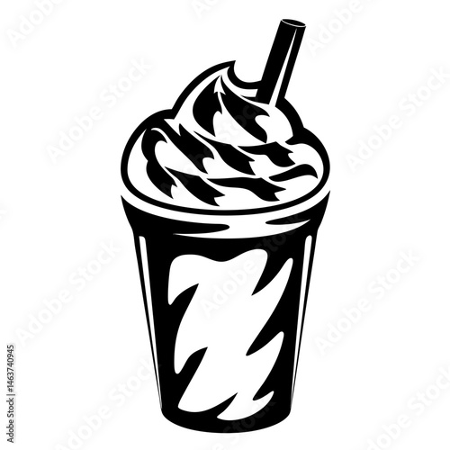 Black and white illustration of a delicious milkshake with whipped cream