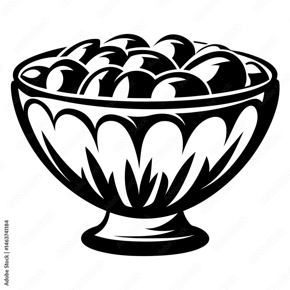 Decorative fruit bowl filled to the brim with round items vector Decorative fruit bowl filled to the brim with round items vector