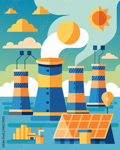 In the scorching heat the solarpowered cooling towers provide a refreshing oasis for workers on the factory floor.. Vector illustration