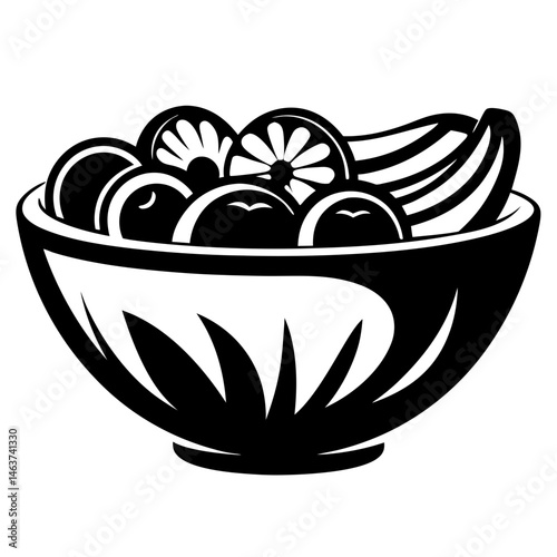 Graphic depiction of a bowl filled with fruit in black and white