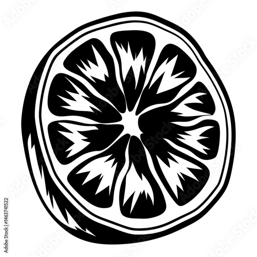 Black and white illustration of a sliced citrus fruit showcasing its pulp