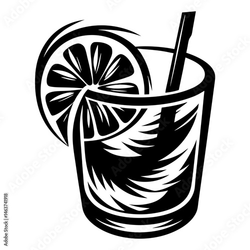 Refreshing Black and White Cocktail Illustration with Citrus Slice and Straw