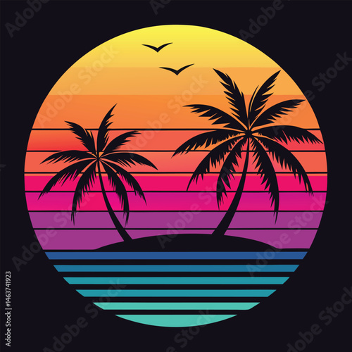 Tropical beach sunset with palm tree silhouettes by the sea