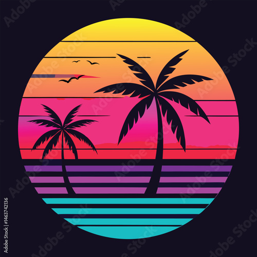 Tropical beach sunset with palm tree silhouettes by the sea