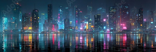 A vibrant futuristic cyberpunk cityscape at night illuminated by glowing neon lights, showcasing a high-tech, digital metropolis full of energy and mystery.