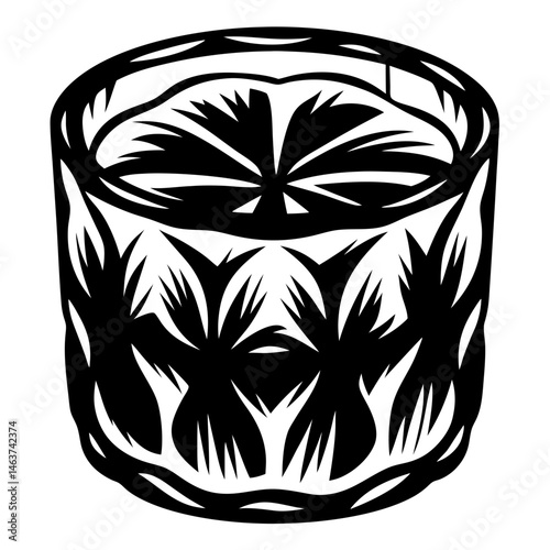 Monochrome abstract design of a patterned glass tumbler with bold lines