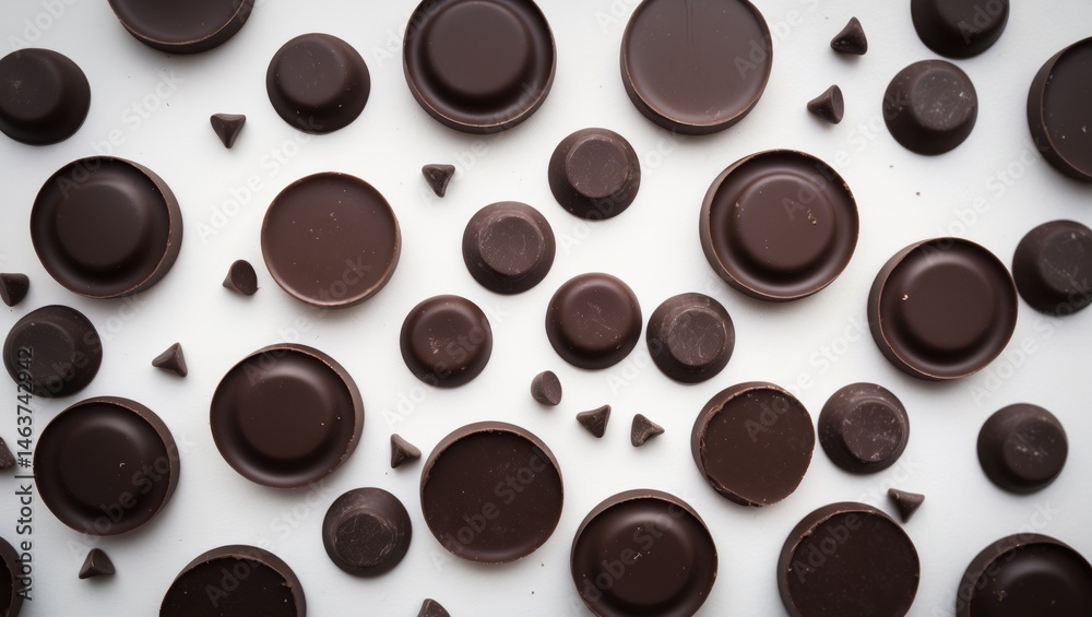 Obraz premium Top view of delicious black cocoa chips isolated on white background