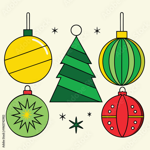 Festive Mid-Century Modern Holiday Cheer Stylized Christmas Tree and Vibrant Ornaments Collection Illustration