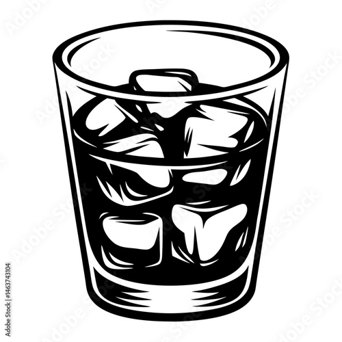 Bold and graphic illustration of a glass of whiskey on the rocks