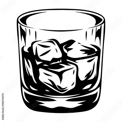 Monochrome illustration of a short glass with ice cubes inside a drink