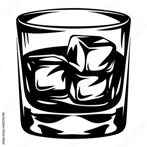 Monochrome illustration of a glass of whiskey on the rocks and alcohol