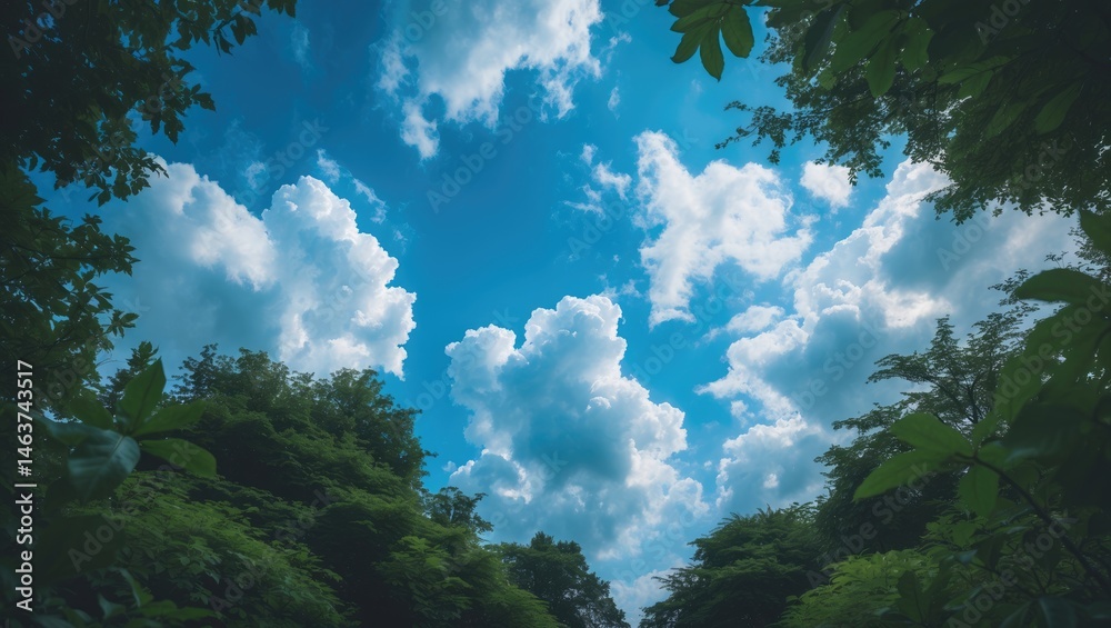Obraz premium Peaceful Natural Setting Under Blue Sky and Green Trees