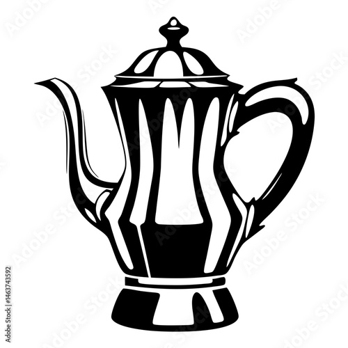 Monochrome illustration of a vintage style coffee pot, showing simplistic design