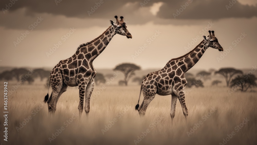 Obraz premium Giraffes Moving Side by Side