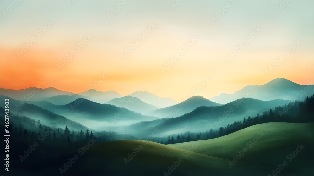 Obraz premium Serene countryside panorama with rolling hills and meadows