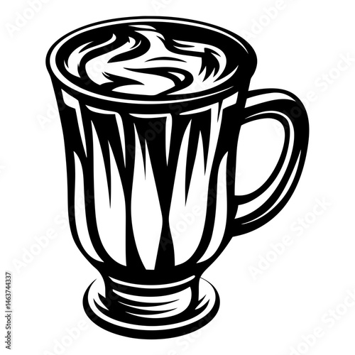 Elegant monochrome illustration of latte glass with frothy swirl decoration on top