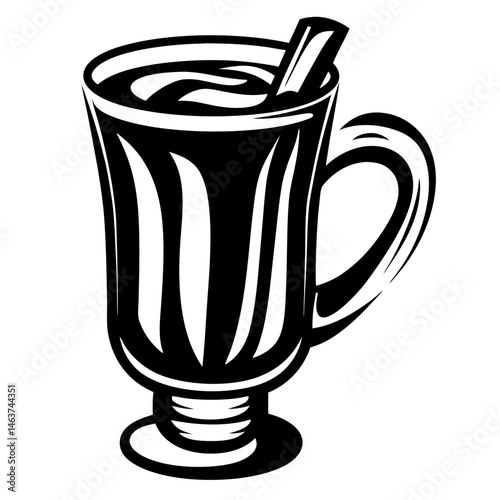 Detailed black and white illustration of a hot drink in a glass mug