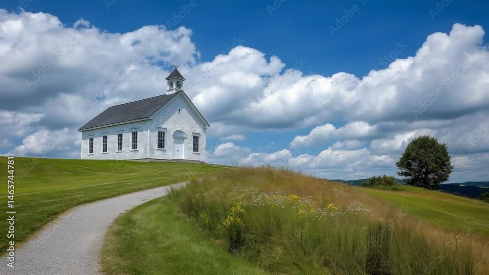 A serene chapel on rolling green hills with wildflowers A serene chapel on rolling green hills with wildflowers