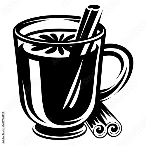 Monochrome vector illustration of a spiced Christmas drink with cinnamon and star anise