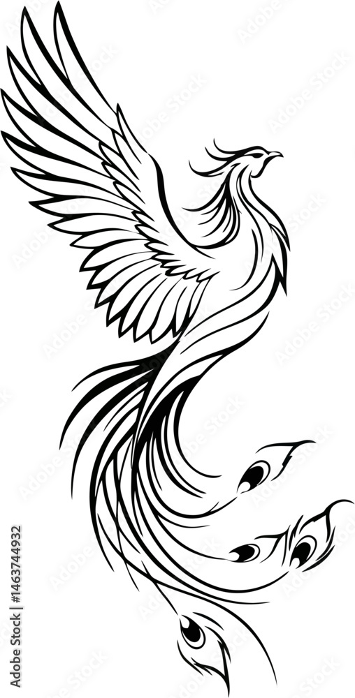 Obraz premium Graceful Phoenix Tattoo with Flowing Wings and Simple Curves