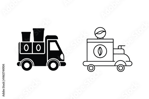 Minimalist illustration of coffee trucks delivering beverages and drinks to customers