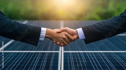 Businesspeople shake hands over solar panels partnership collaboration and renewable energy