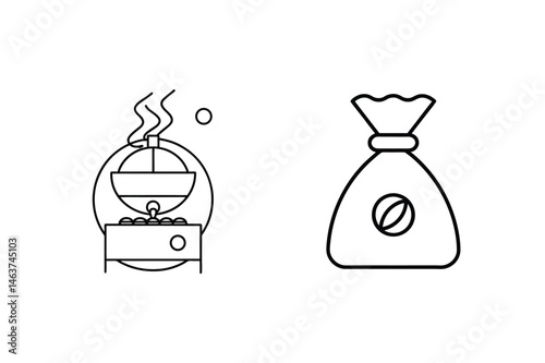 Simple minimalist illustration of coffee preparation and a bag of roasted coffee beans