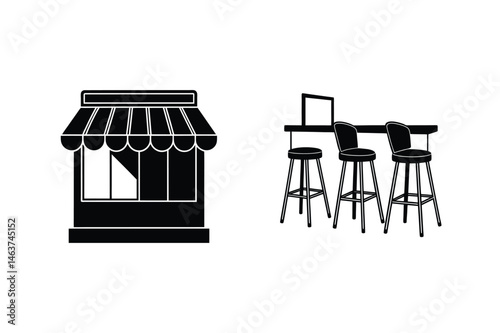 Black and white vector illustration of a shopfront and barstool counter in silhouette