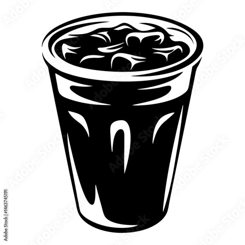 Monochrome illustration of a cup of beverage with ice cubes inside