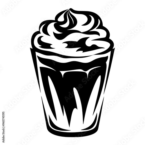 Delicious black and white creamy drink with a glass in minimalism style