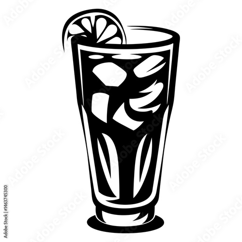 Refreshing Lemonade or Drink with Ice Cubes Illustration in Black and White