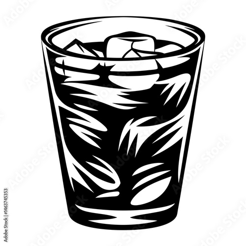 Minimalist Black and White Illustration of a Refreshing Drink with Ice Cubes