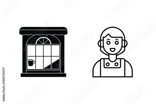 Friendly customer service representative and cafe window icon in simple modern black and white style