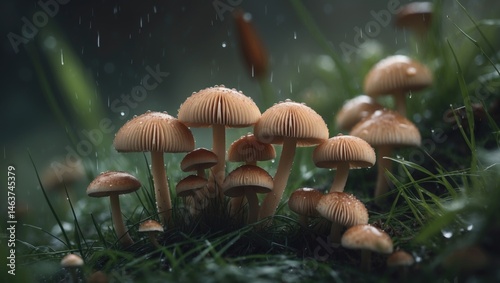 Miniature mushrooms dot the moist grass, their fragile caps catching the light. photo