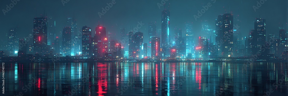Fototapeta premium A vibrant futuristic cyberpunk cityscape at night illuminated by glowing neon lights, showcasing a high-tech, digital metropolis full of energy and mystery.