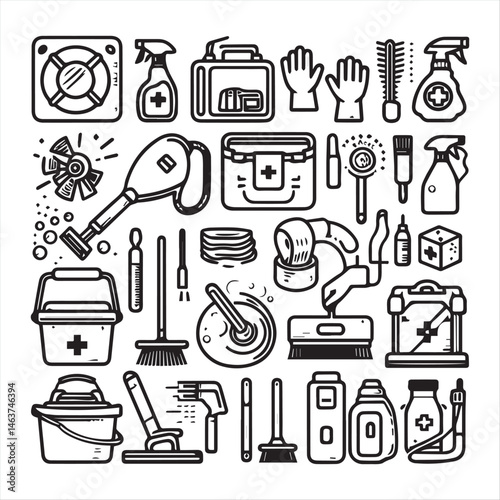 Editable set of vector clip art elements of cleaning supplies and equipment