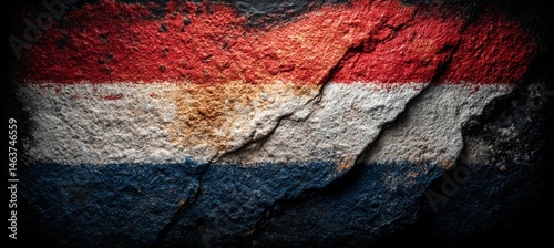 Obraz na płótnie Dutch Netherland flag paint on wall. Country independence day concept. Generative AI technology.
w salonie