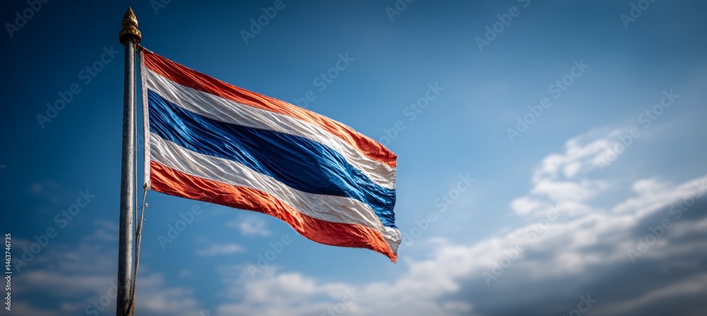 Thailand flag with blue sky background. Country independence day concept. Generative AI technology.
