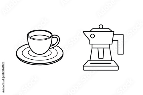 Line art depiction of a coffee cup on a saucer and a coffee maker in vector illustration