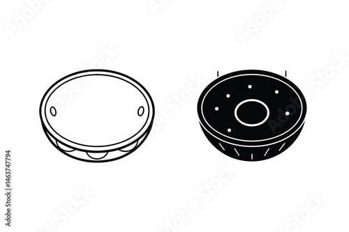 Black and white tambourine vector illustration showing front and back view depictions