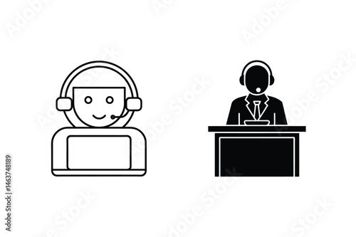 Black and white customer service representative and support agent icons on white background