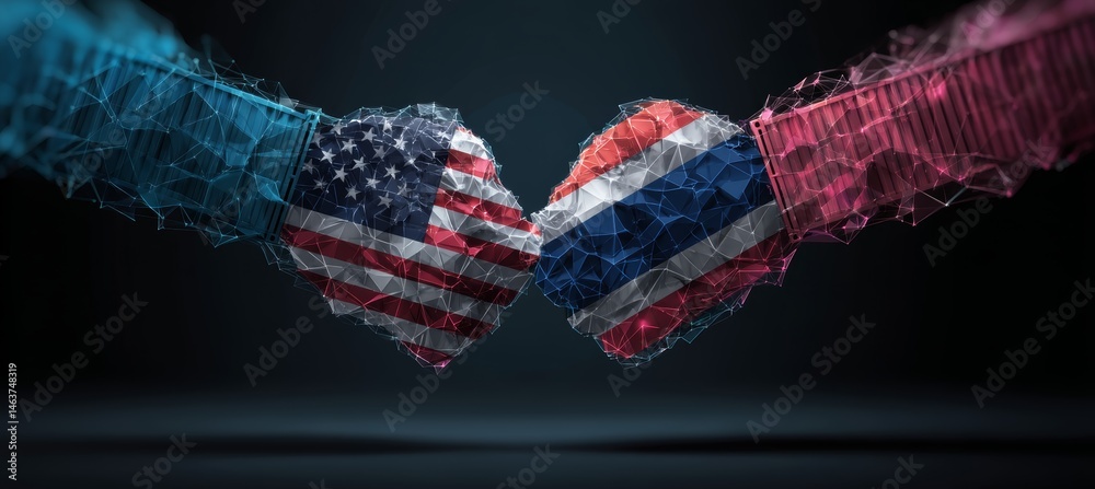 America and Thailand fist hand fight. Import export trading market. Politic agreement. Generative AI technology.