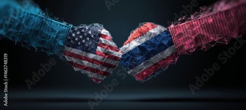 Obraz na płótnie America and Thailand fist hand fight. Import export trading market. Politic agreement. Generative AI technology. w salonie