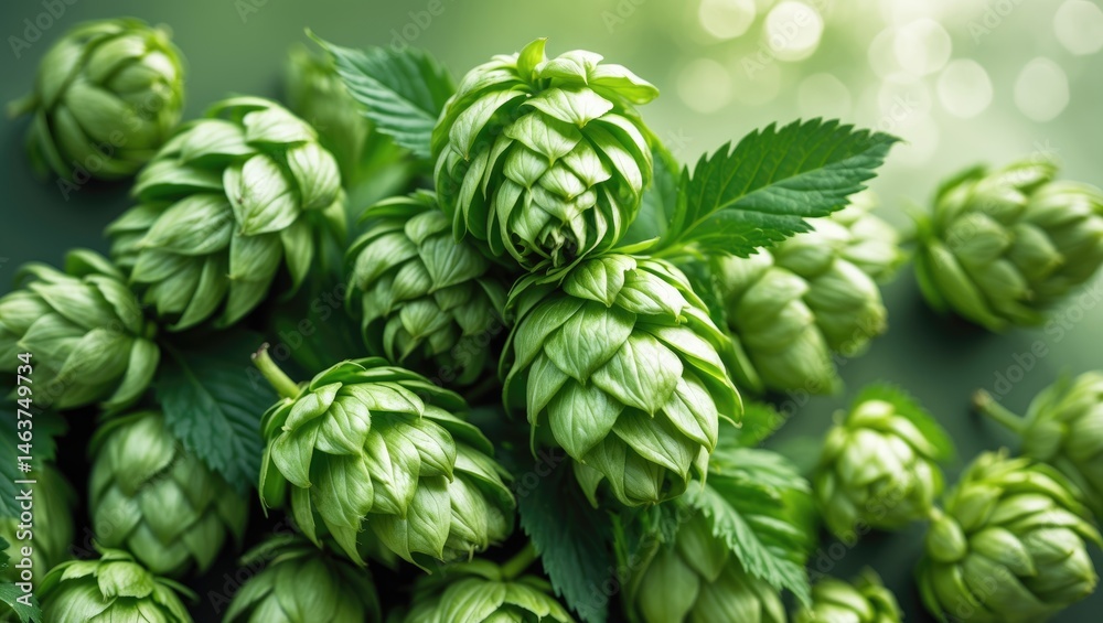 Green Hop Cones on a Wooden Table with Flowers and Leaves in a Brewery Setting