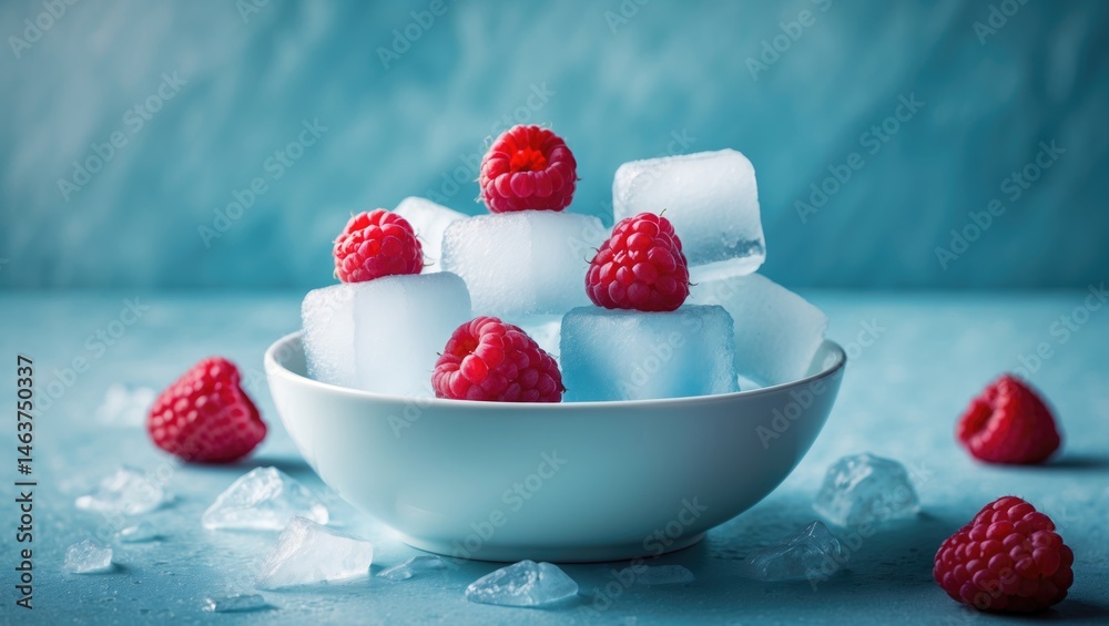 Frozen raspberry-filled ice cubes in a clear bowl on a summer blue backdrop