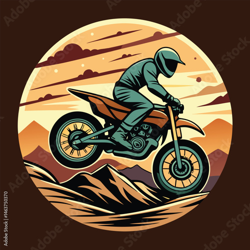 Vintage Motocross Rider Jumping Mountain Sunset Retro Poster Art
