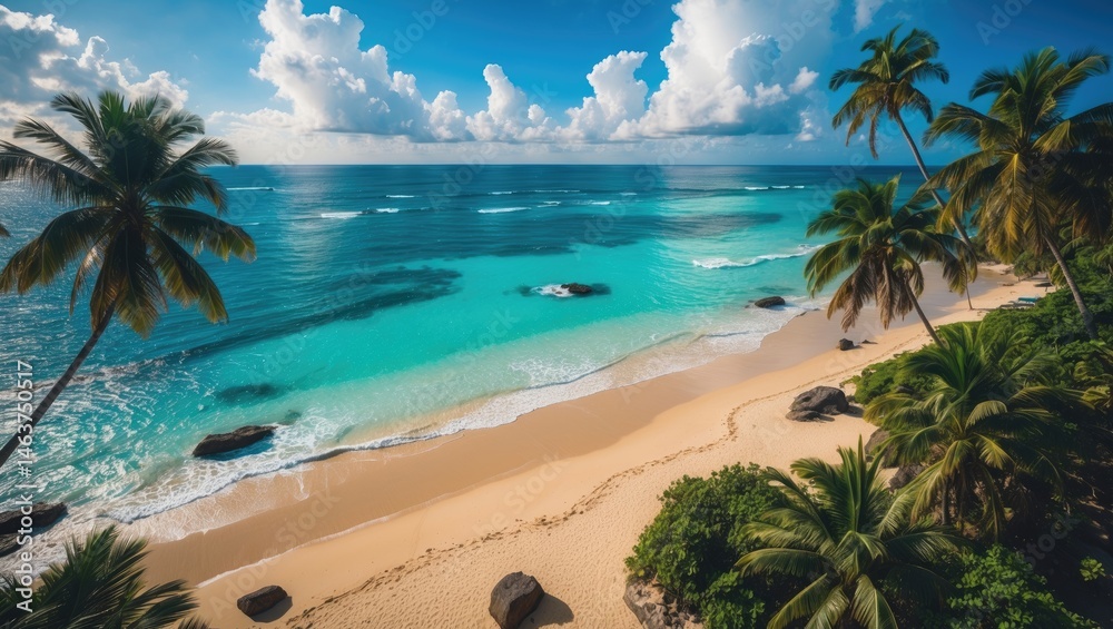 Aerial Drone Shot of a Peaceful Beach with Tropical Setting, Palm Trees, Ocean, and Rocky Areas