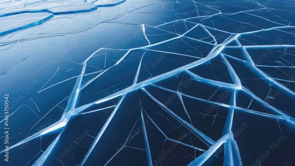 Abstract winter background featuring white crack patterns on icy surface with blue tones