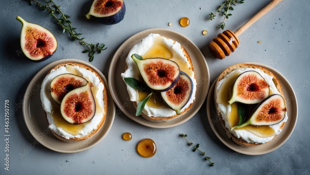 Cream cheese, sliced figs, honey, and thyme bruschetta: a healthy and flavorful meal option with ricotta and open sandwiches, top view